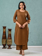 Womens Solid Brown Cotton Kurta Plazzo Set