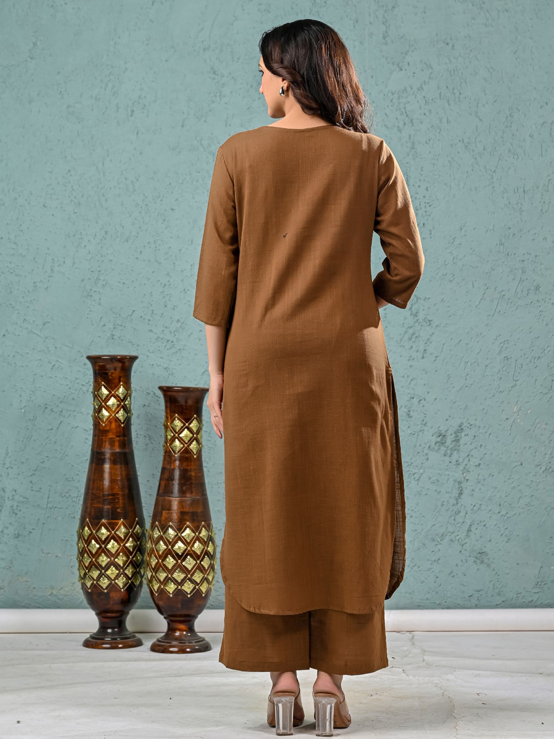 Womens Solid Brown Cotton Kurta Plazzo Set
