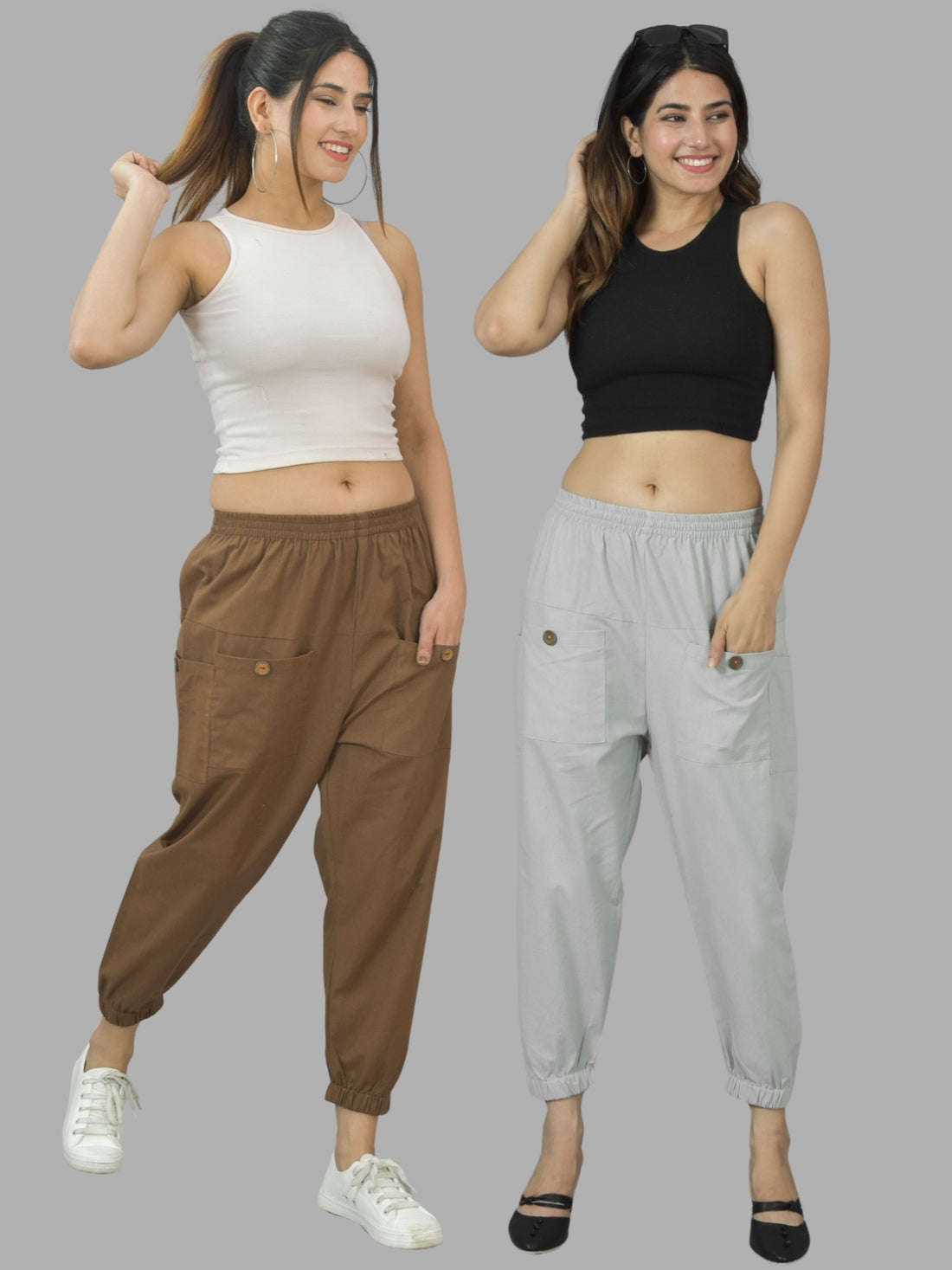 Combo Pack Of Womens Brown And Melange Grey Four Pocket Cotton Cargo Pants