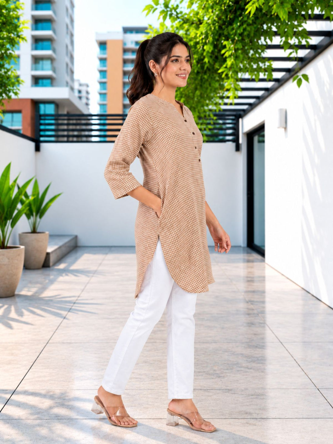 Brown Mini Checks Cotton Short Kurti