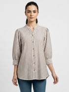 Brown Pleated shoulder Vertical Stripe Shirt