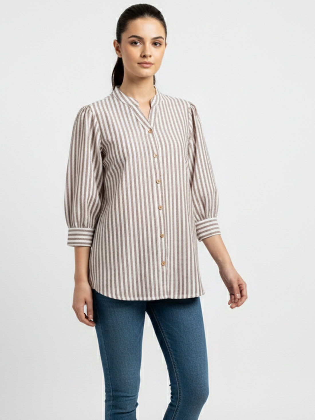 Brown Pleated shoulder Vertical Stripe Shirt