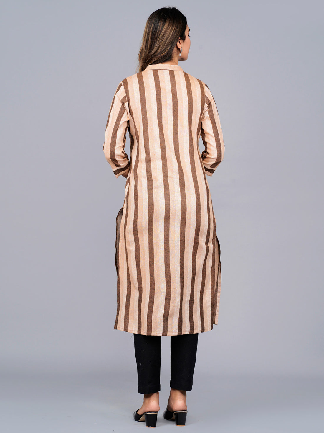 Womens Brown Cotton Stripe Straight Kurta