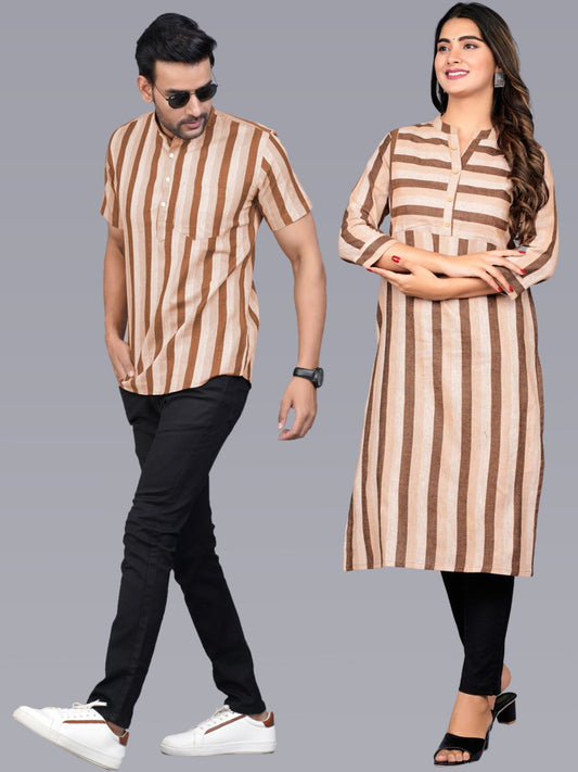 Ethnic Wear Couple Dress Brown Stripe Kurta Kurti Set