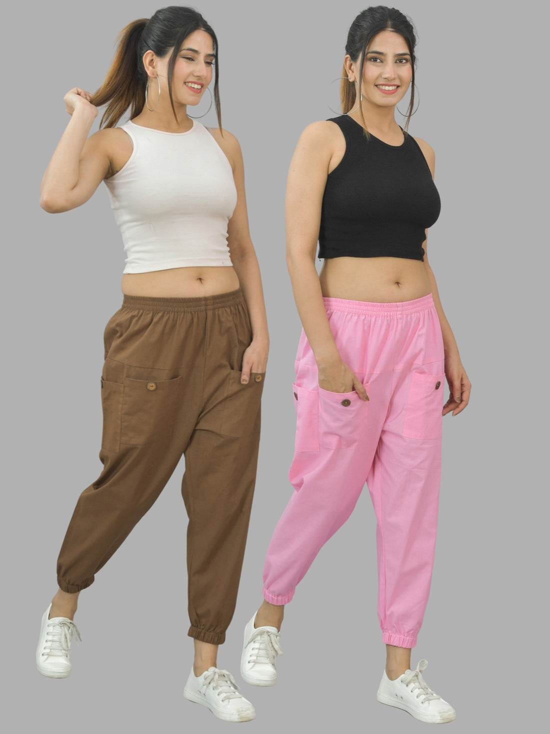 Combo Pack Of Womens Brown And Pink Four Pocket Cotton Cargo Pants