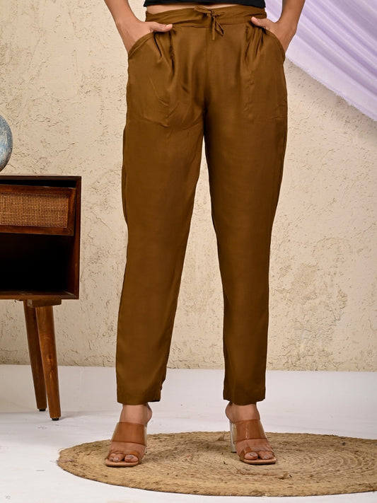 Women Regular Fit Brown Rayon Trouser