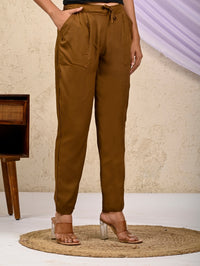 Women Regular Fit Brown Rayon Trouser