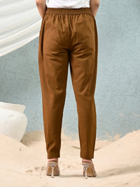 Women's Brown Regular Fit Elastic Cotton Trouser