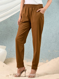 Women's Brown Regular Fit Elastic Cotton Trouser