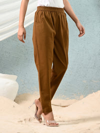 Women's Brown Regular Fit Elastic Cotton Trouser