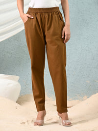 Women's Brown Regular Fit Elastic Cotton Trouser