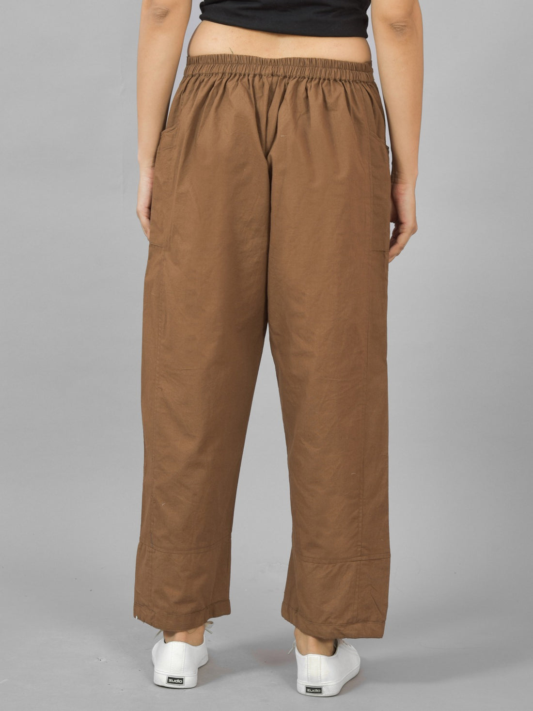 Womens Brown Side Pocket Pure Cotton Straight Cargo Pant