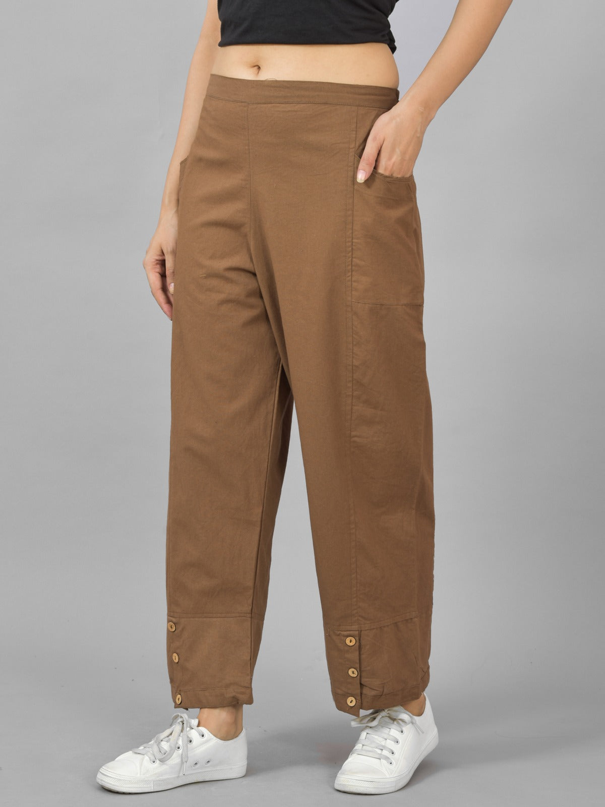 Combo Pack Of Womens White And Brown Side Pocket Straight Cargo Pants