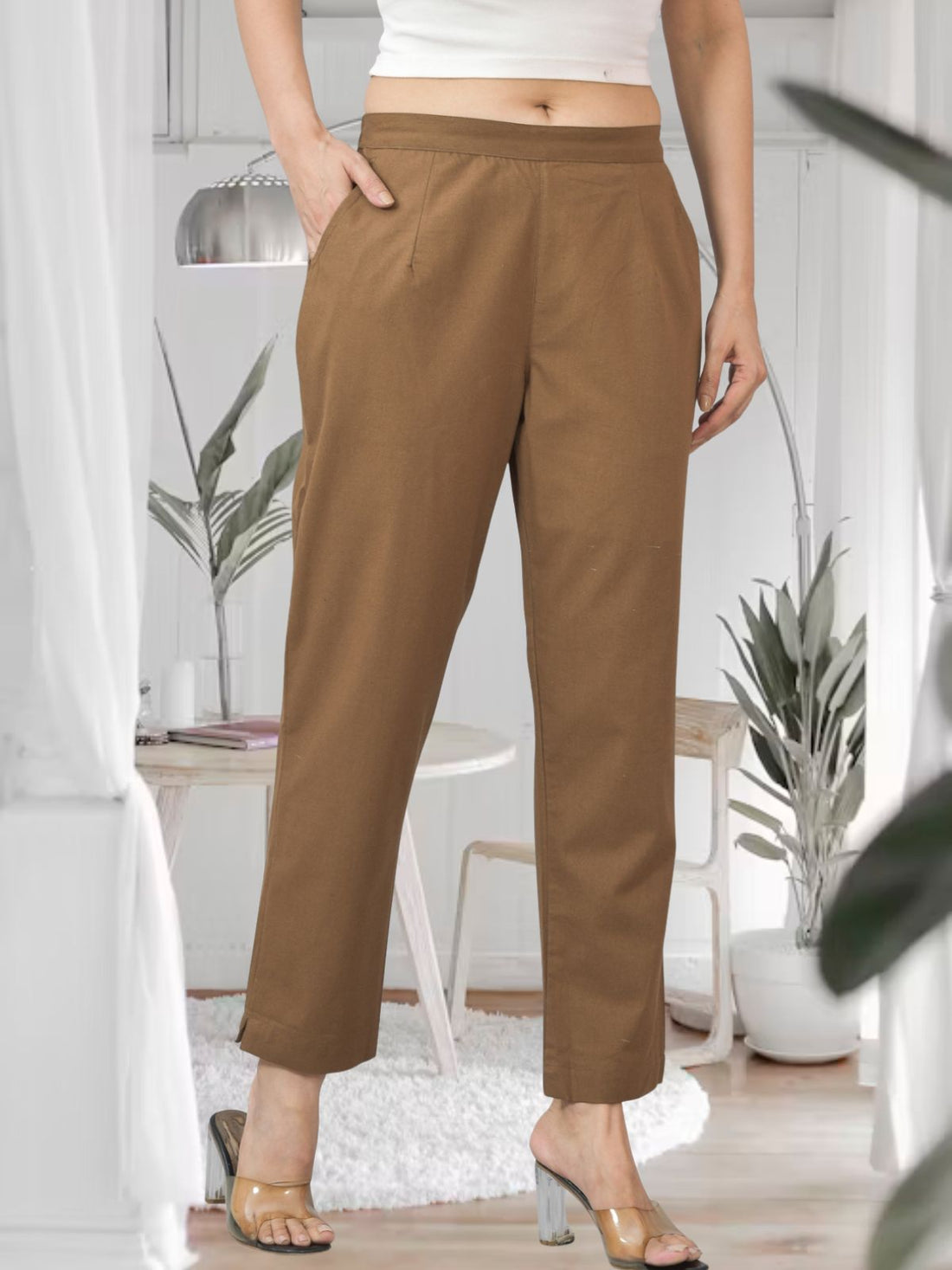 Brown Half Elastic Airy Linen Cotton Pants