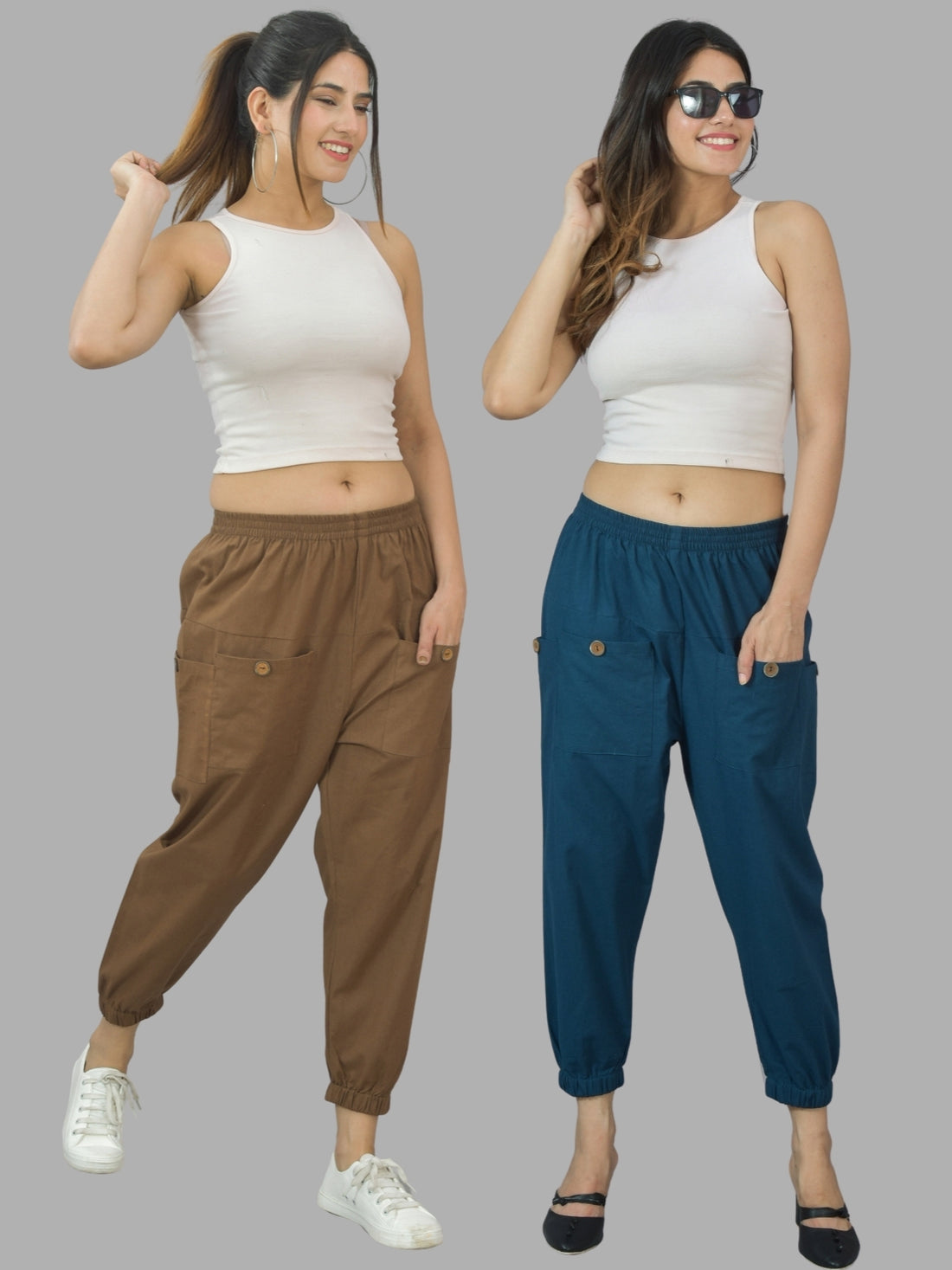 Combo Pack Of Womens Brown And Teal Blue Four Pocket Cotton Cargo Pants