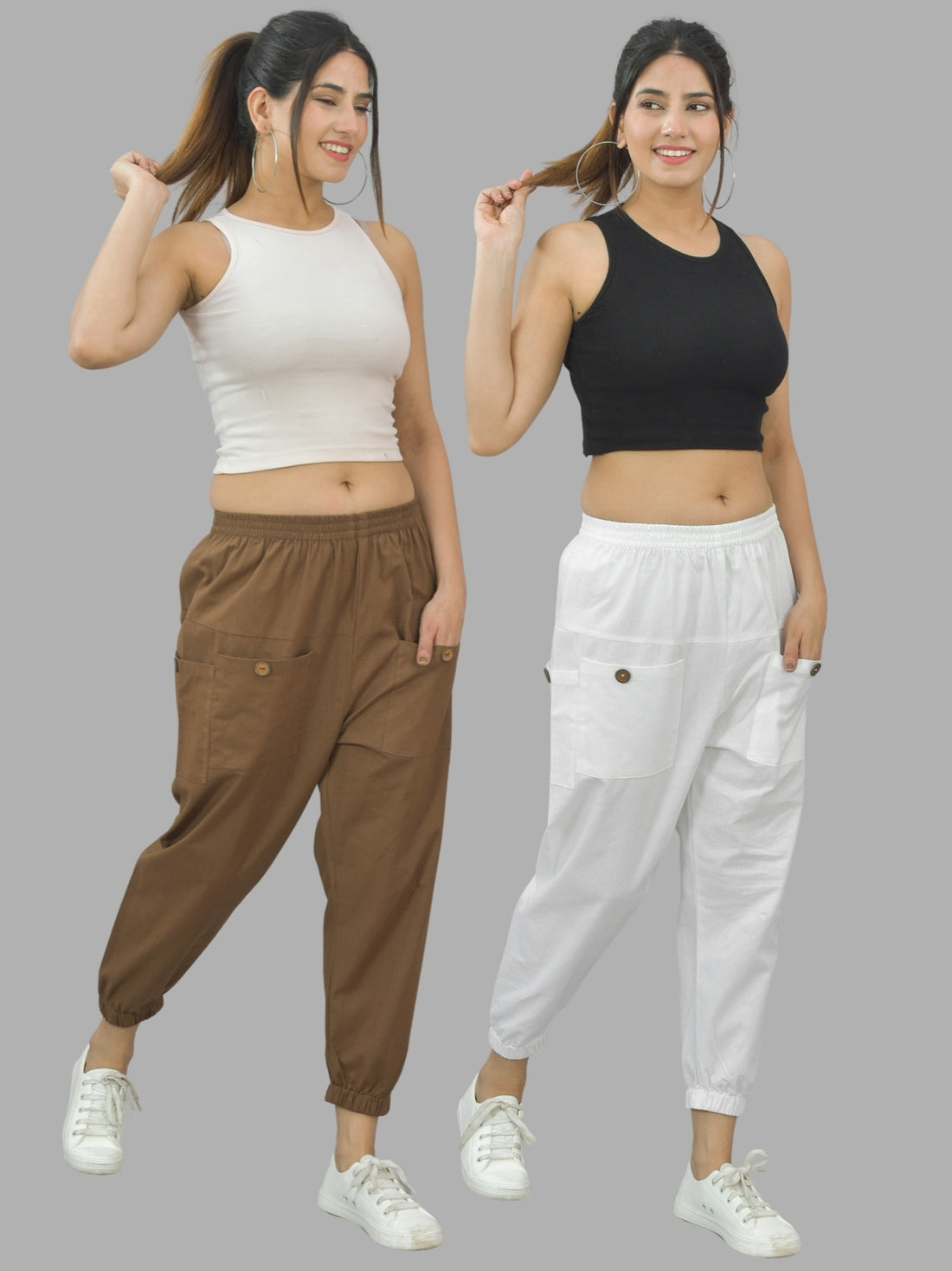 Combo Pack Of Womens Brown And White Four Pocket Cotton Cargo Pants