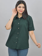 Women Solid Bottle Green Half Sleeve Spread Collar Cotton Shirt
