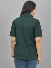 Women Solid Bottle Green Half Sleeve Spread Collar Cotton Shirt