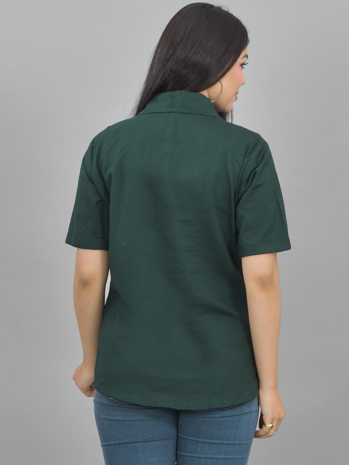 Pack Of 2 Womens Solid Bottle Green And Grey Half Sleeve Cotton Shirts Combo