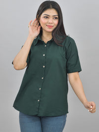 Pack Of 2 Womens Solid Bottle Green And Wine Half Sleeve Cotton Shirts Combo