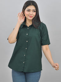 Pack Of 2 Womens Solid Black And Bottle Green Half Sleeve Cotton Shirts Combo