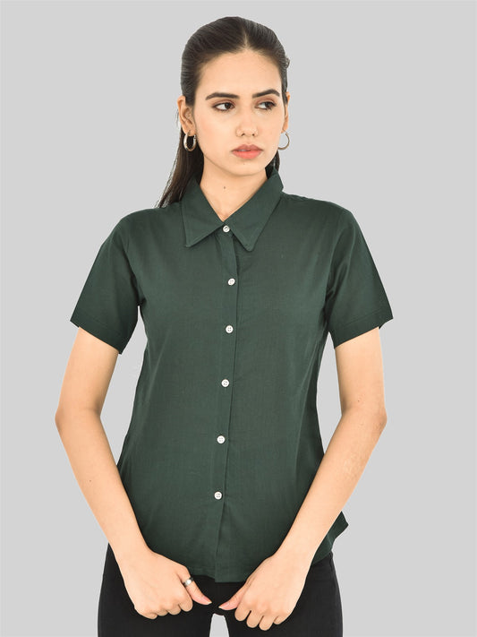 Womens Regular Fit Bottle Green Half Sleeve Cotton Shirt