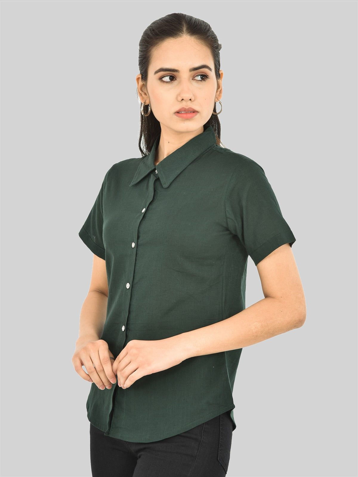 Womens Regular Fit Bottle Green Half Sleeve Cotton Shirt