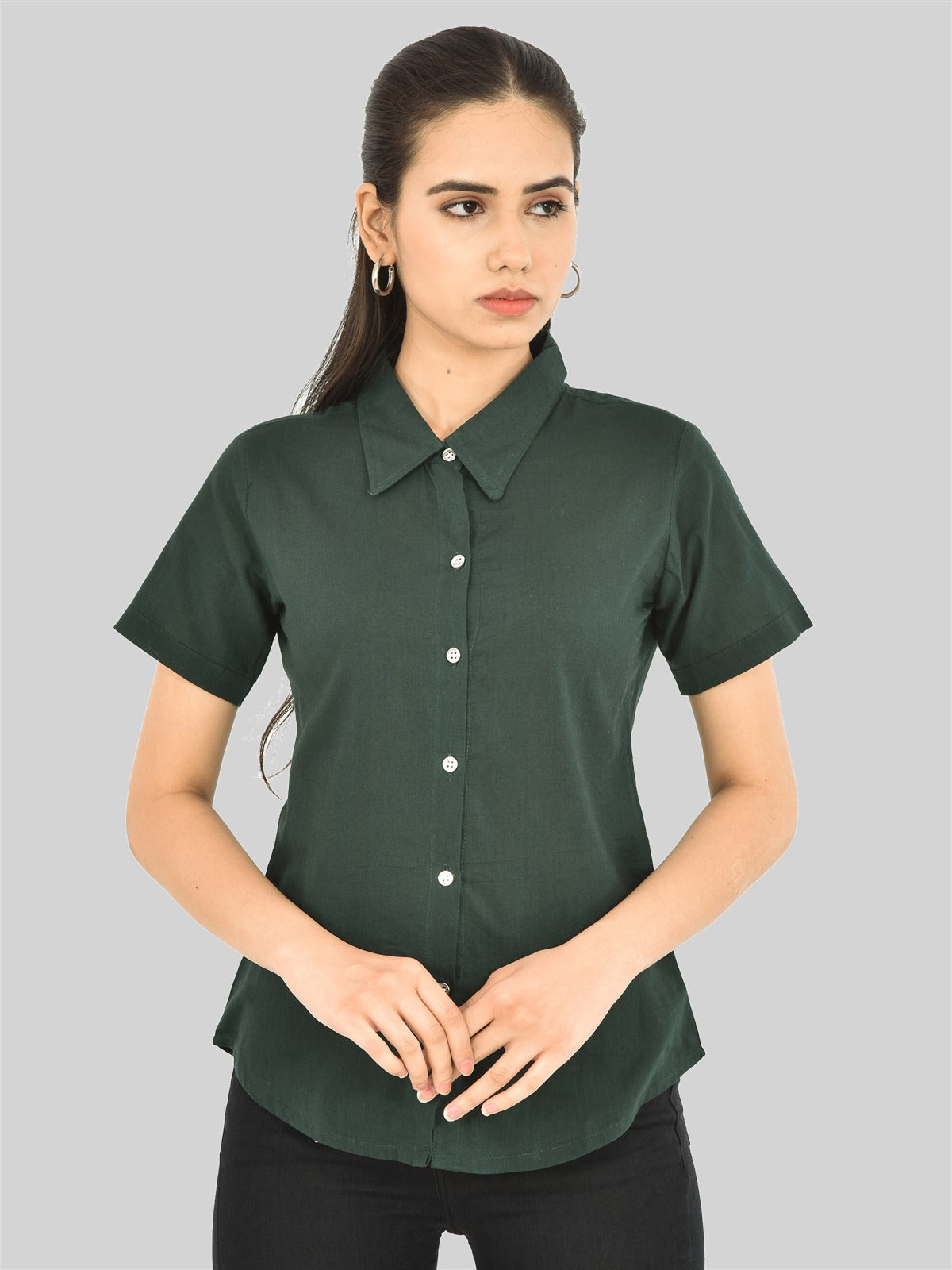 Womens Regular Fit Bottle Green Half Sleeve Cotton Shirt