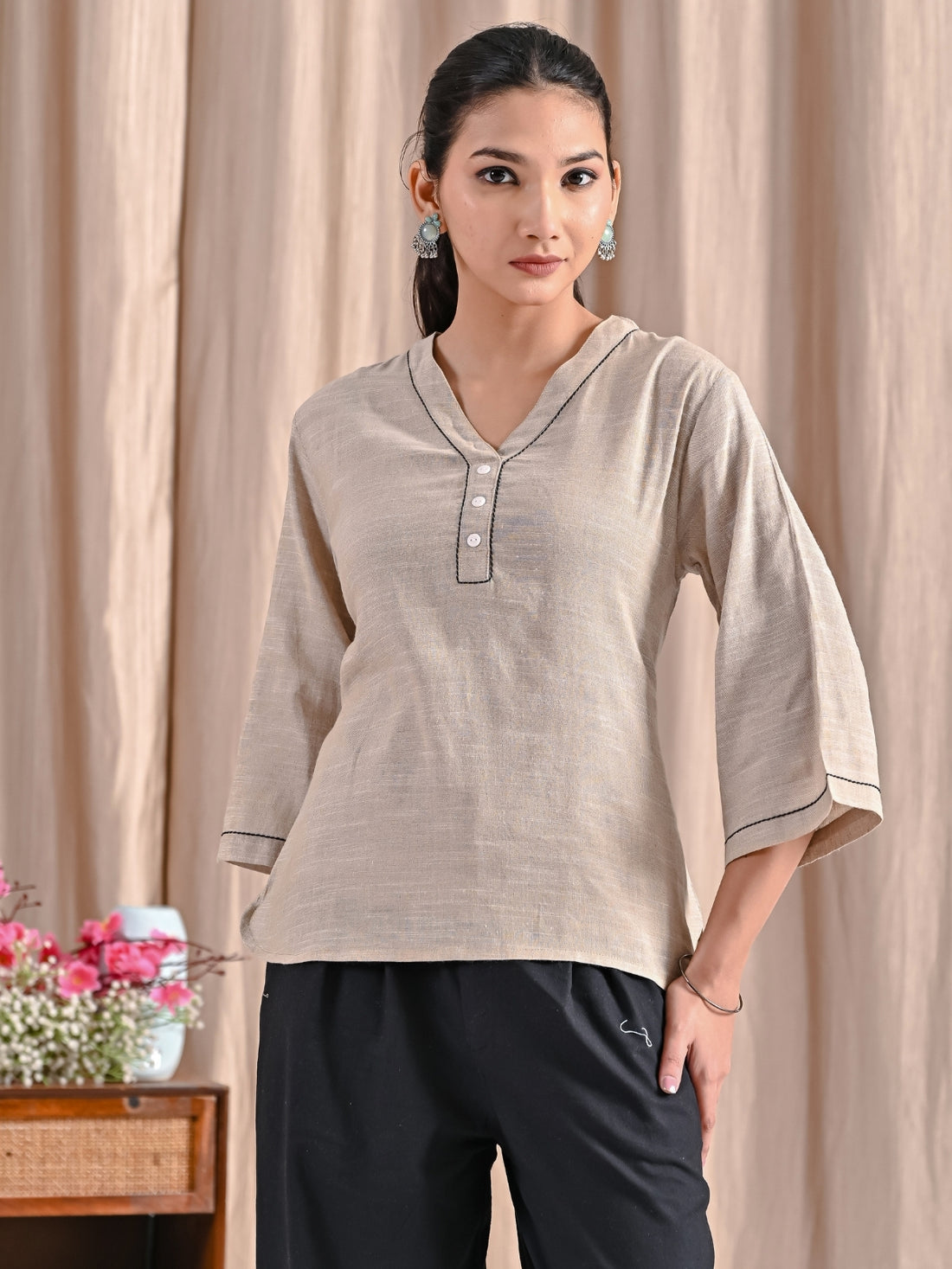 Pack Of 2 Chiku And Teal Blue Handloom Cotton Anchor Thread Designer Tops