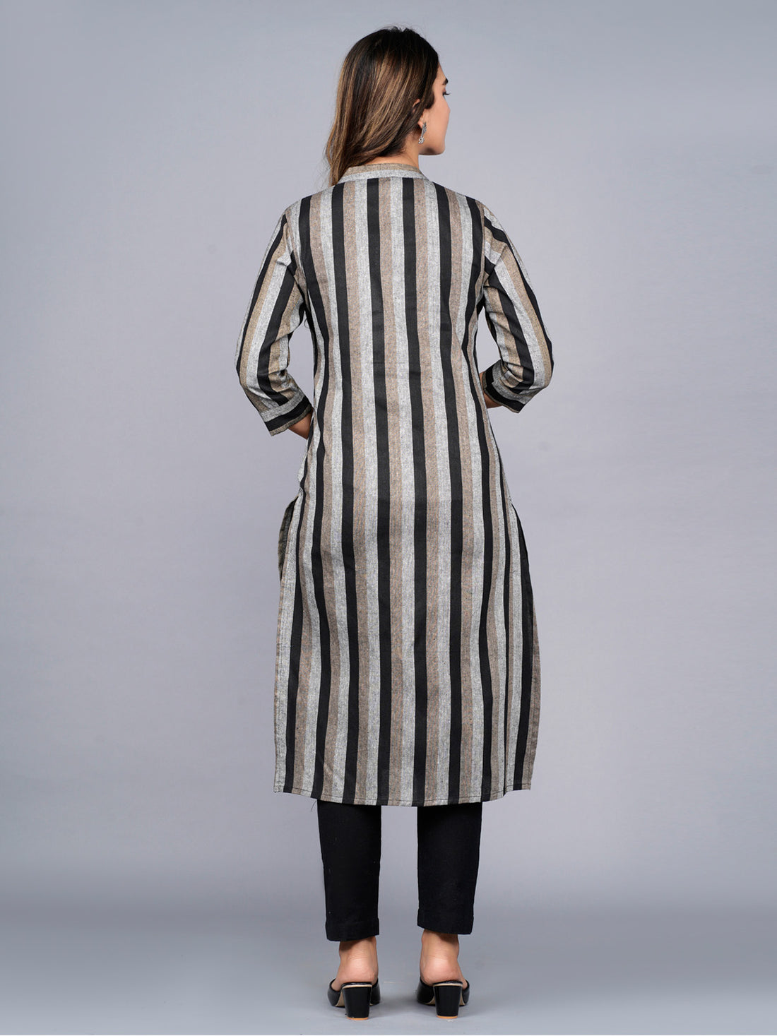 Womens Coffee Cotton Stripe Straight Kurta