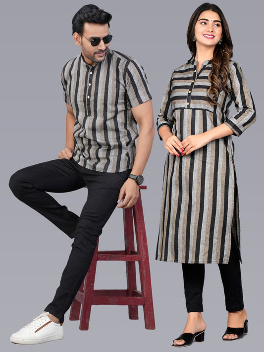 Ethnic Wear Couple Dress Coffee Stripe Kurta Kurti Set