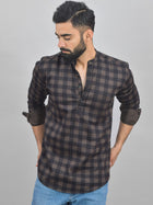 Quaclo Mens Coffee Check Cotton Short Kurta