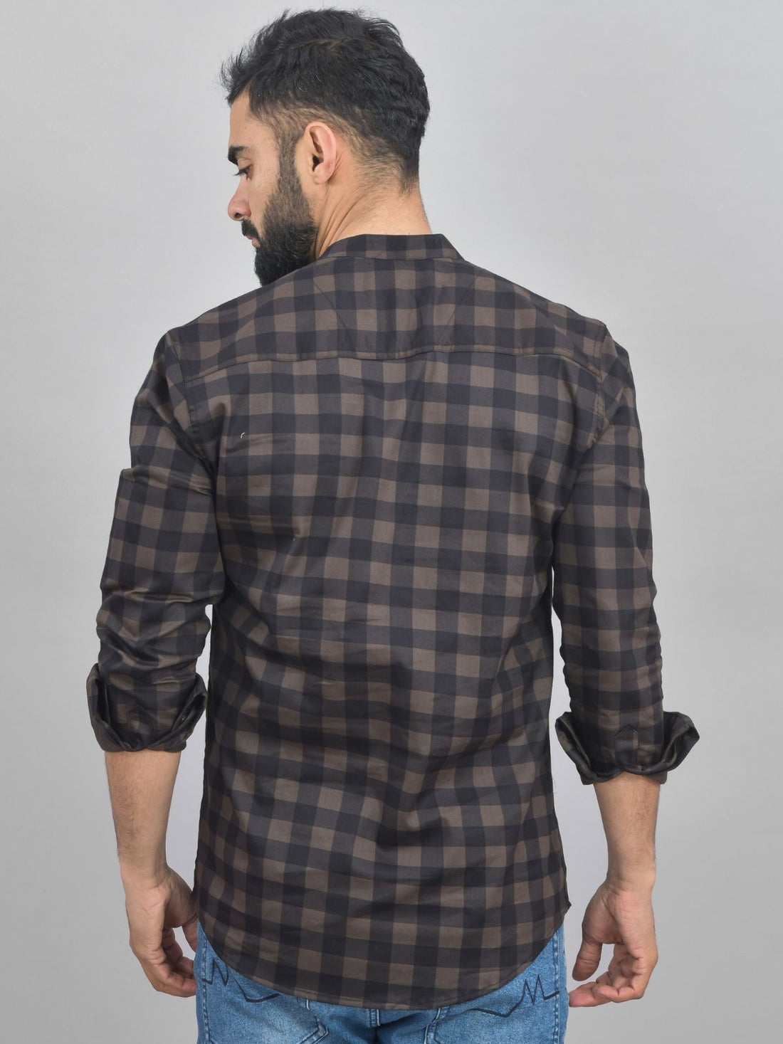 Quaclo Mens Coffee Check Cotton Short Kurta