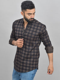 Quaclo Mens Coffee Check Cotton Short Kurta