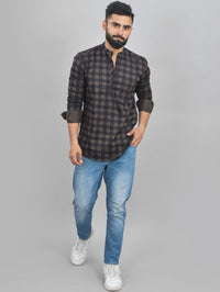 Pack Of 2 Mens Blue And Coffee Check Cotton Short Kurta Combo