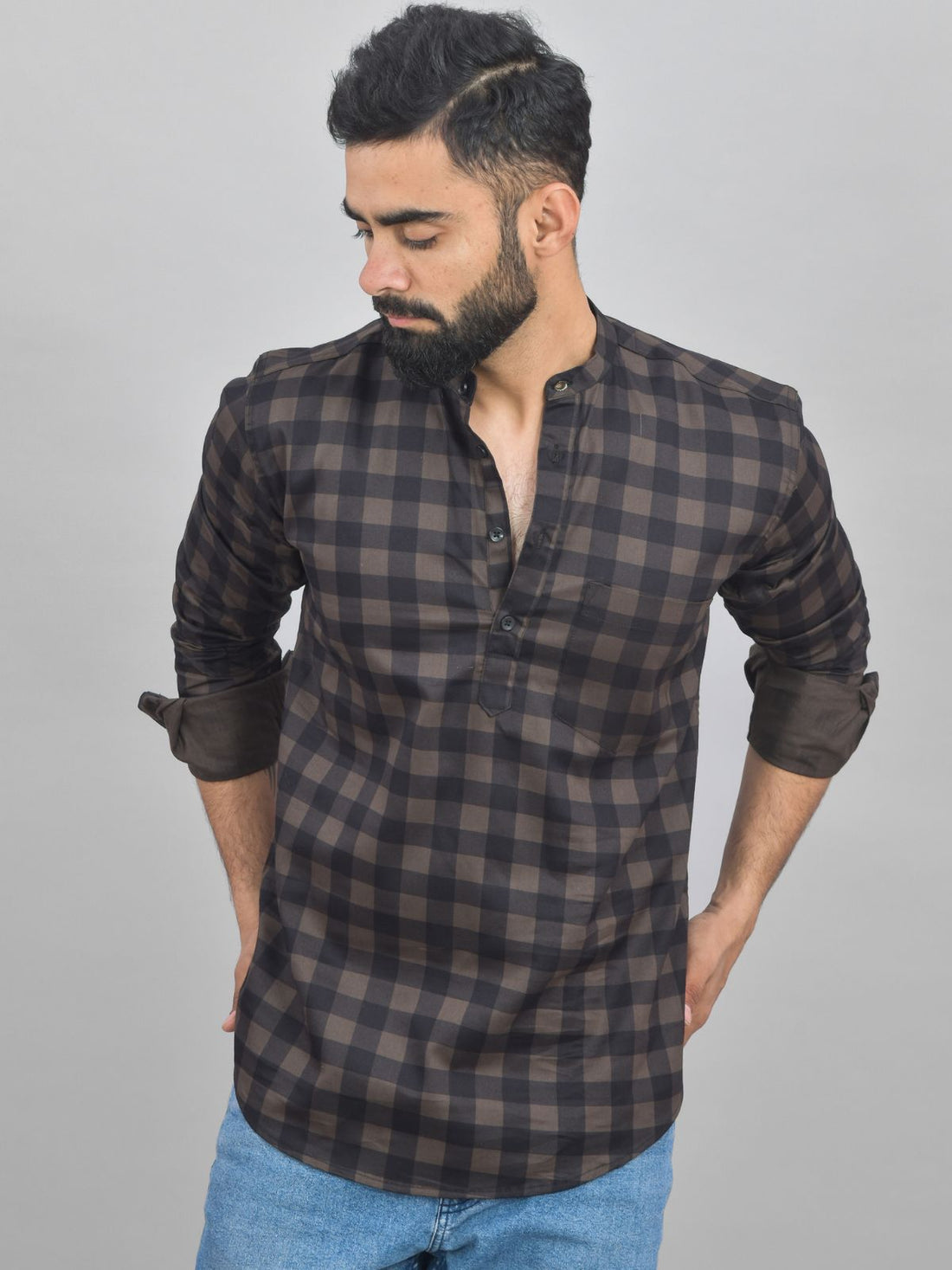Pack Of 2 Mens Coffee And Green Check Cotton Short Kurta Combo