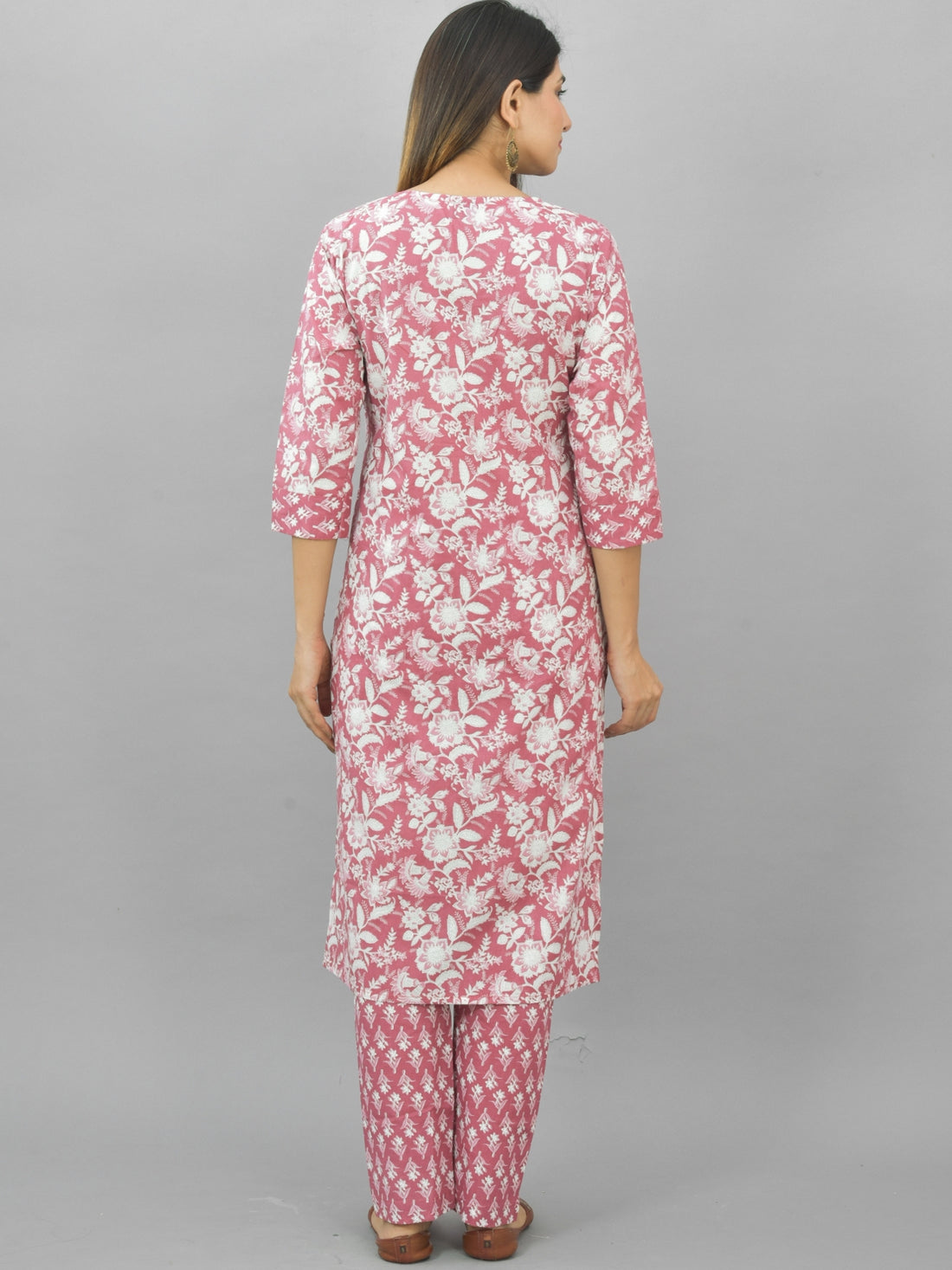 Womens Coral Pink Flower Printed Kurti And Pant Set