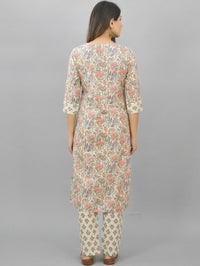 Womens Cream Flower Printed Kurti And Pant Set