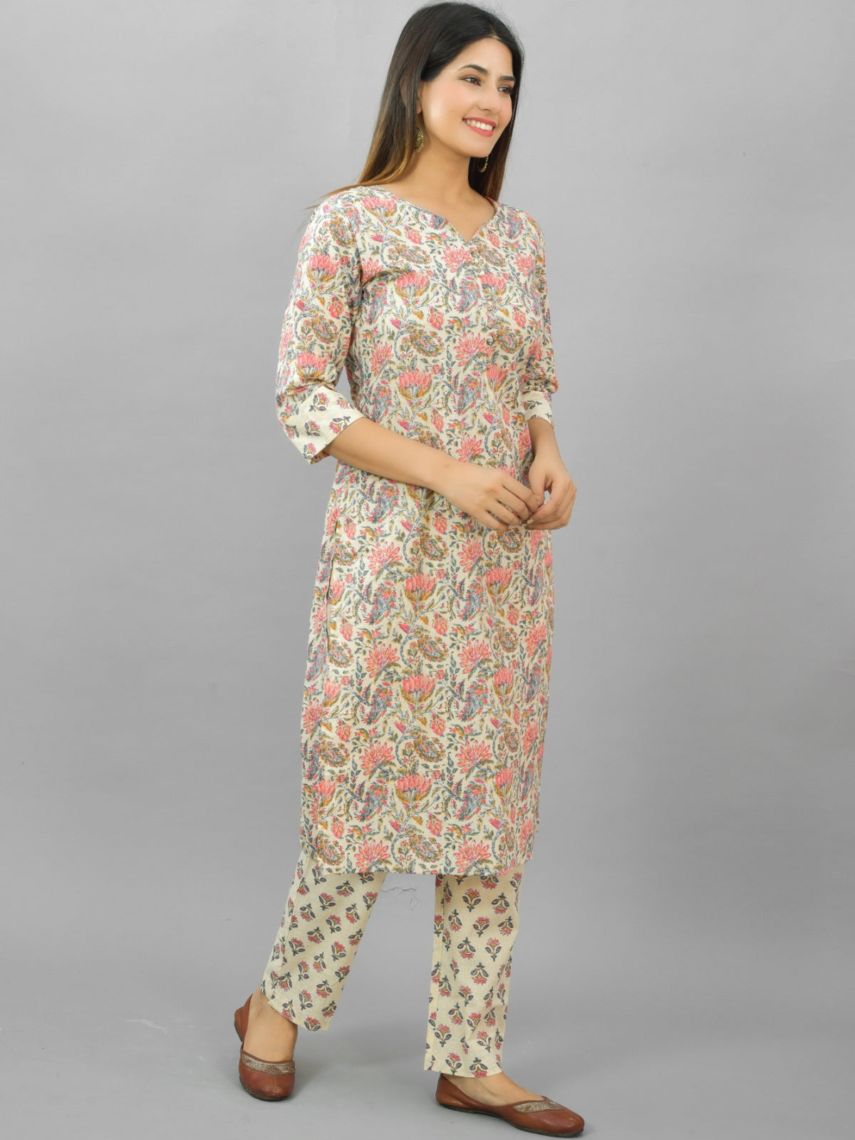 Womens Cream Flower Printed Kurti And Pant Set