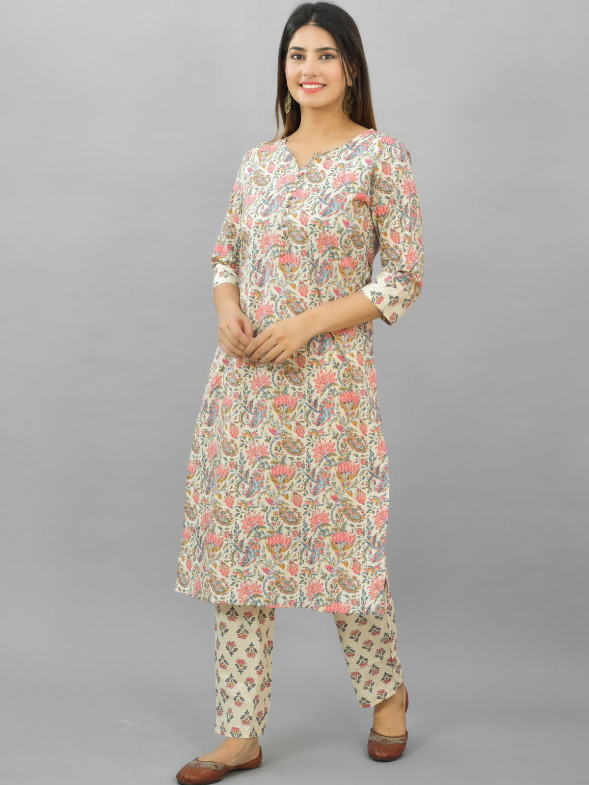 Womens Cream Flower Printed Kurti And Pant Set