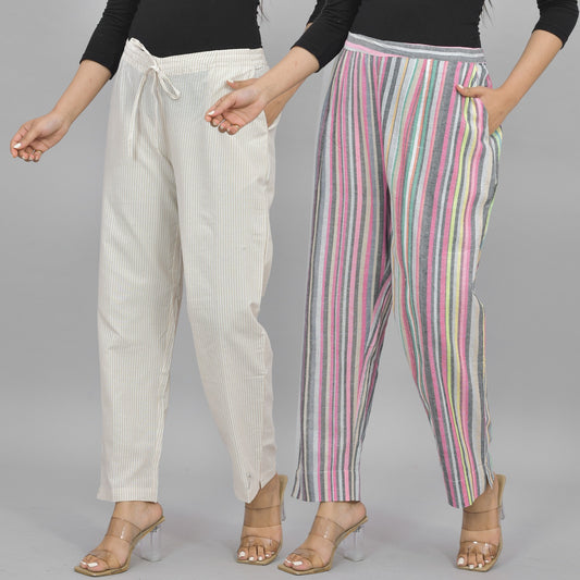 Combo Pack of 2 Womens Cream And Multicolor Cotton Stripe Trouser