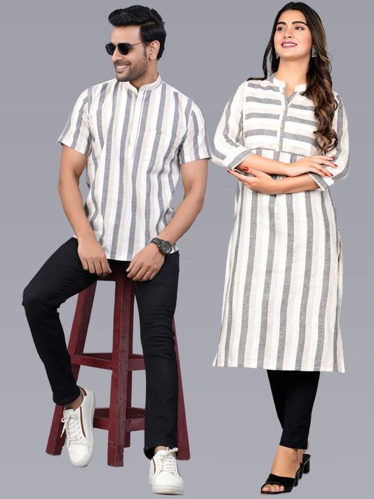 Ethnic Wear Couple Dress Cream Stripe Kurta Kurti Set