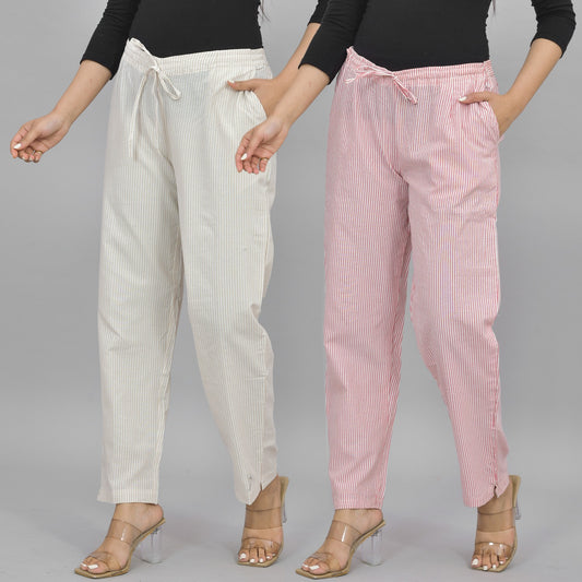 Combo Pack of 2 Womens Cream And Pink Cotton Stripe Trouser