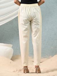 Women's Cream Regular Fit Elastic Cotton Trouser