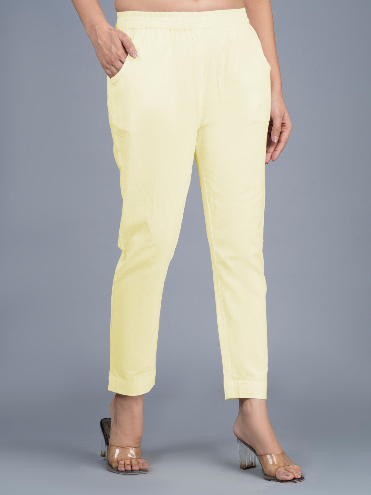 Women's Cream Regular Fit Elastic Cotton Trouser