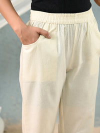 Women's Cream Regular Fit Elastic Cotton Trouser