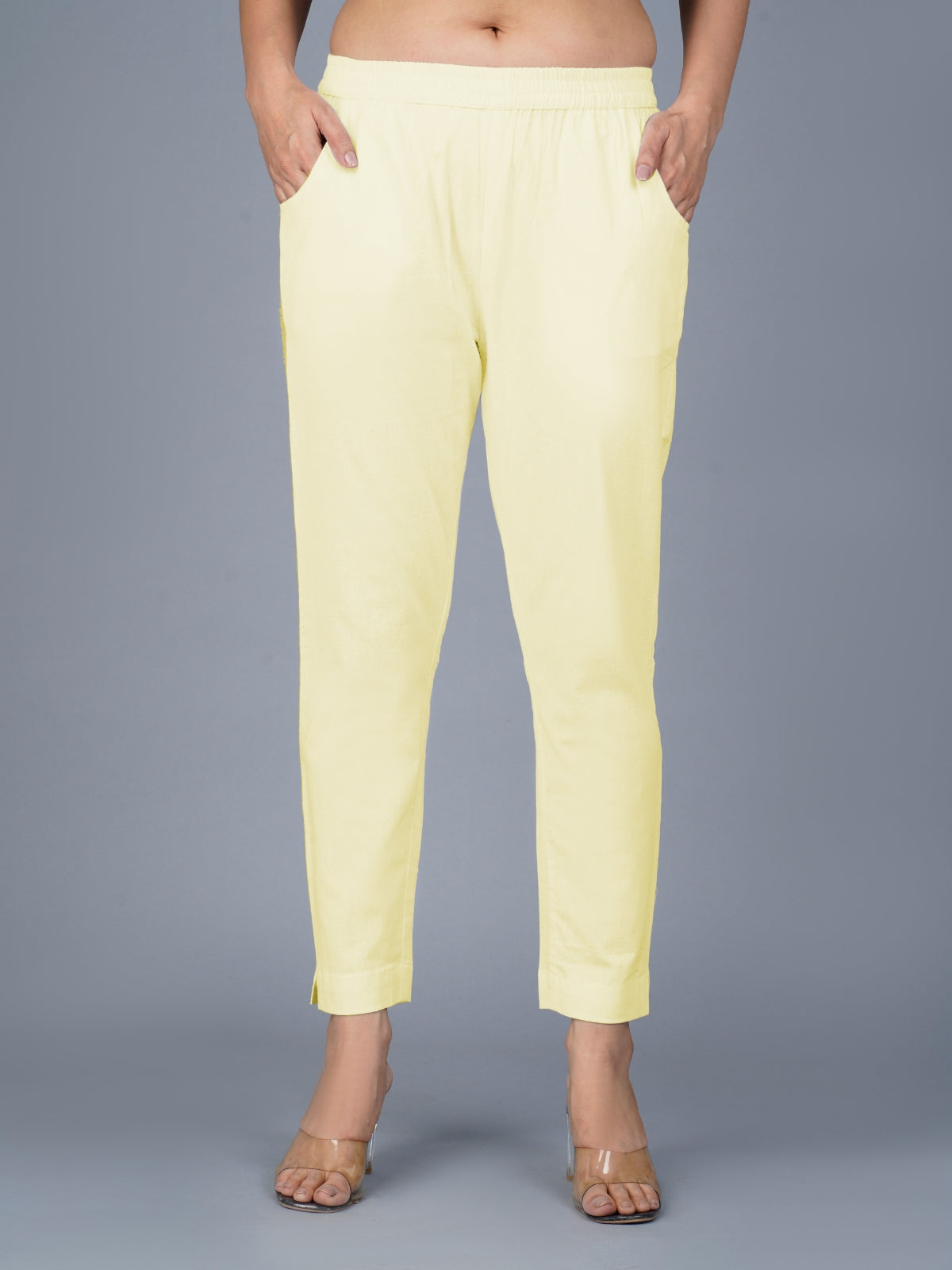 Women's Cream Regular Fit Elastic Cotton Trouser