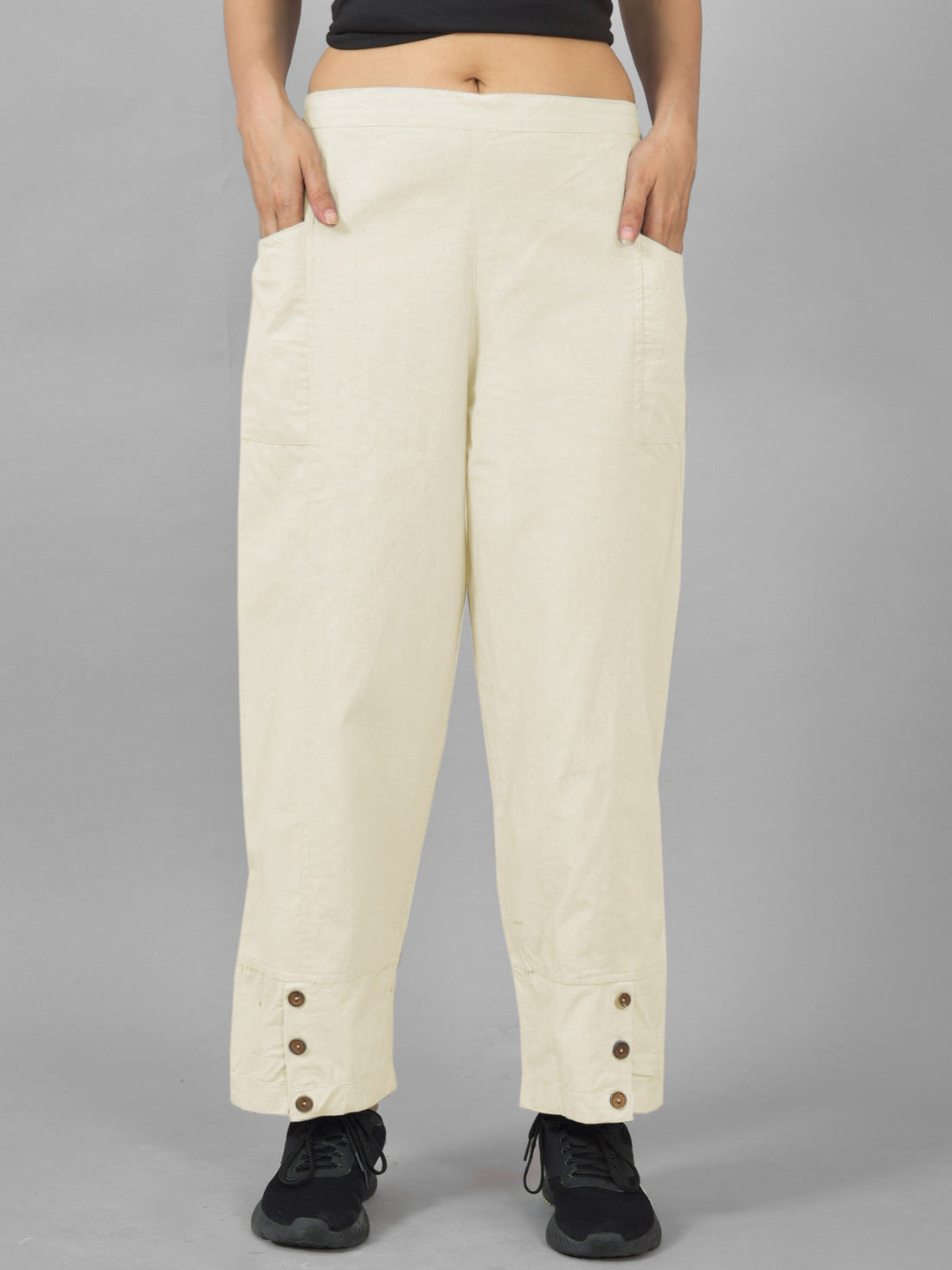Womens Cream Side Pocket Pure Cotton Straight Cargo Pant