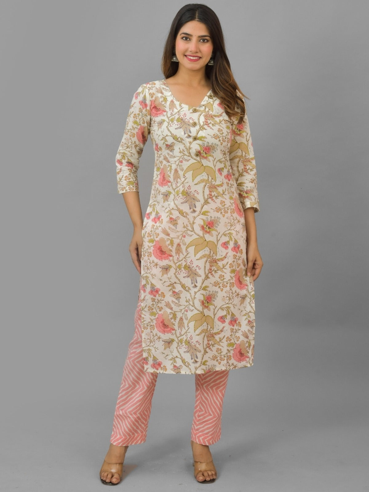 Womens Cream Flower Printed V Neck Kurta and Pant Set