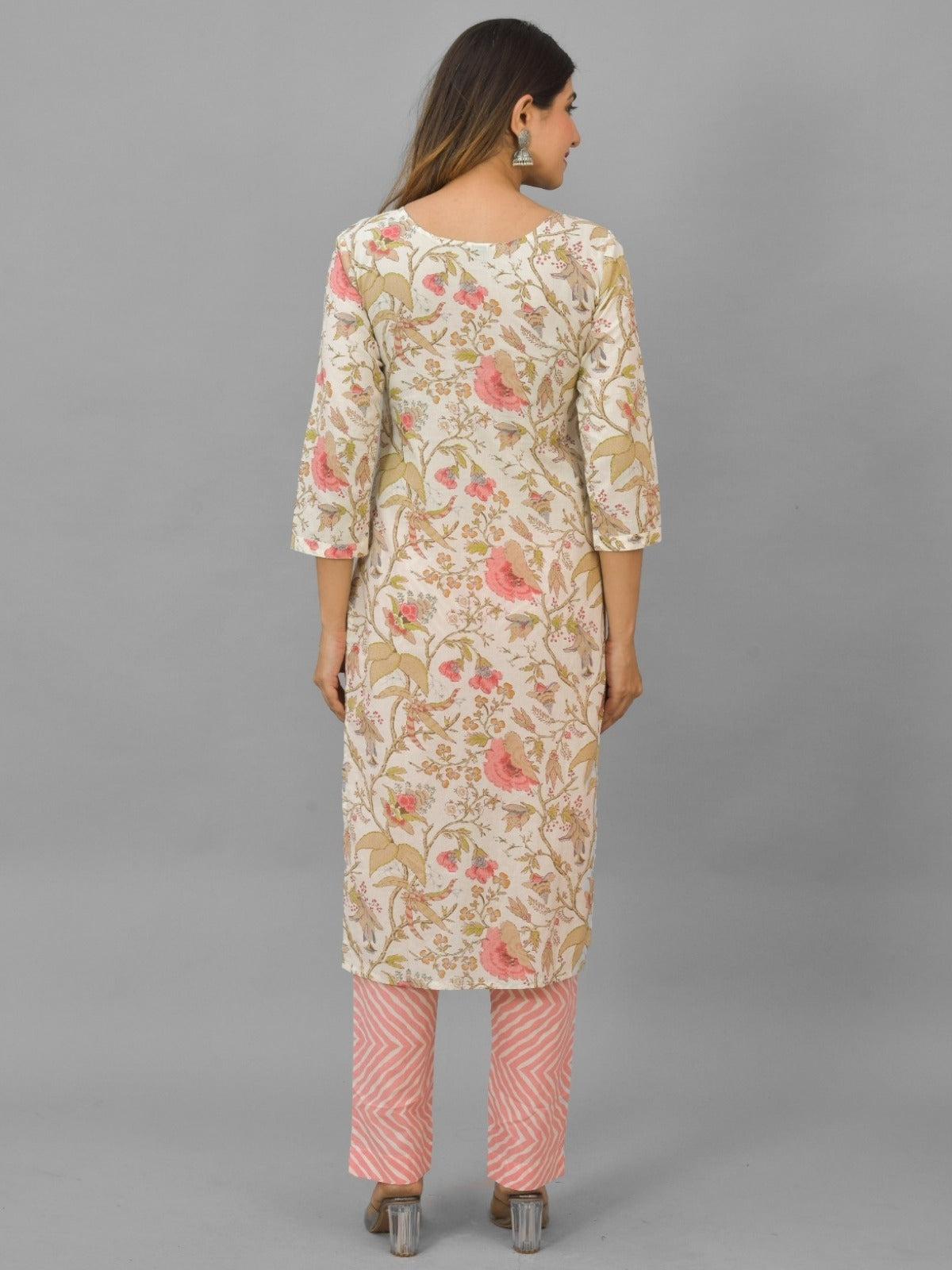 Womens Cream Flower Printed V Neck Kurta and Pant Set